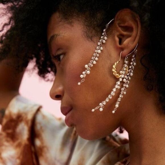 New Free People Judy Pearl Ear Chain with Rhinestones and Pearls Ear Cuff - Picture 13 of 13